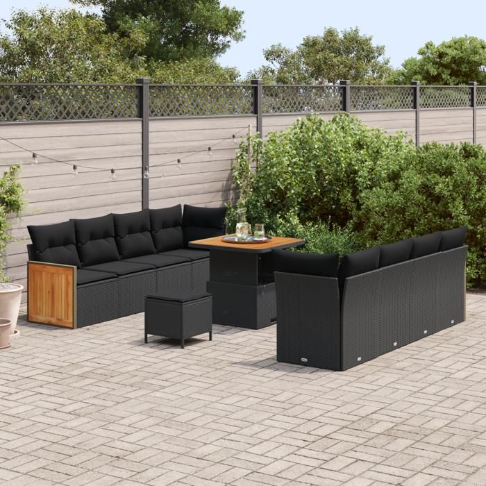 Ensemble de Sofa de Jardin vidaXL 11 Pièces avec Coussins Noir Rotin Synthétique Acacia, Ensemble de Salle à Manger de 3365224