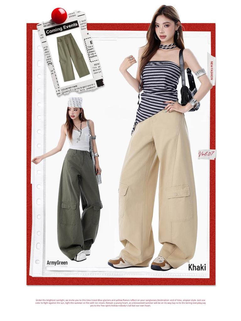 2026 Spring Trendy Military Green Curved Leg Workwear Jeans – Casual, Loose, and Versatile Drape for Women