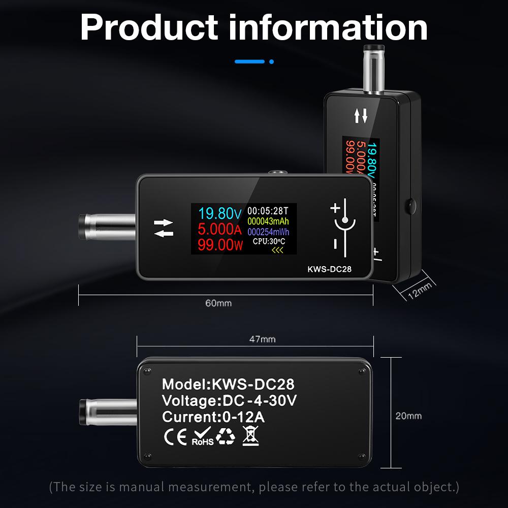 Color Screen Voltage Current Detector KWS-DC28 DC Tester 5525 Interface Volt Ammeter Cell Phone Charging Testing Device