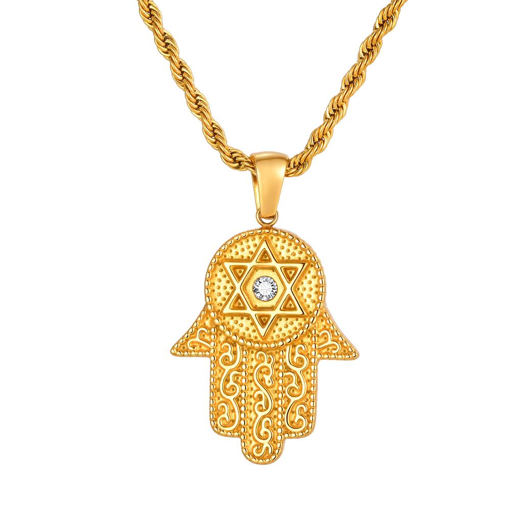 Fatima Hand Stainless Steel Pendant Necklace With Zircon, Vintage Premium Ladies Jewelry 2337