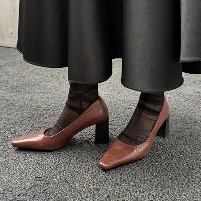 Mode 2025 NOUVEAU Printemps Escarpins pour Femmes Cuir Véritable Chaussures pour Femmes Bout Carré Talon Haut Élégant Bride à Boucle Fait Main Mode Chaussures pour Dames