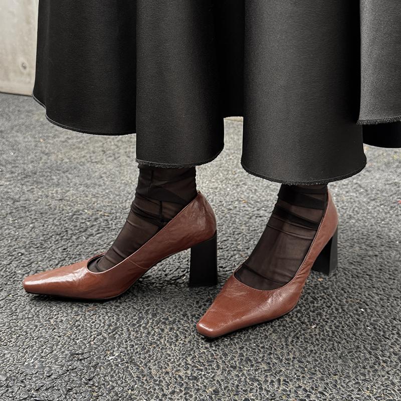 Fashion 2025 NEW Spring Women Pumps Genuine Leather Women Shoes Square Toe High Heel Elegant Buckle Strap Handmade Fashion Ladies Shoes