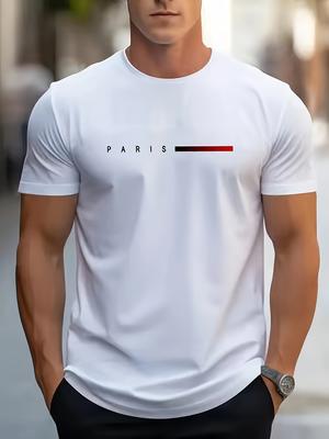 Camiseta Masculina Nova Casual com Estampa de Carta de Paris, Moda, Confortável, Respirável, Inovadora, Gola Redonda