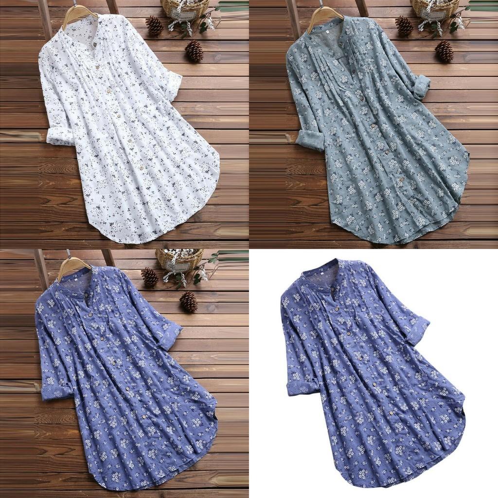 Elegant Women V-neck Long Sleeve Flower Print Linen Shirt Ladies Casual Loose Blouse Top