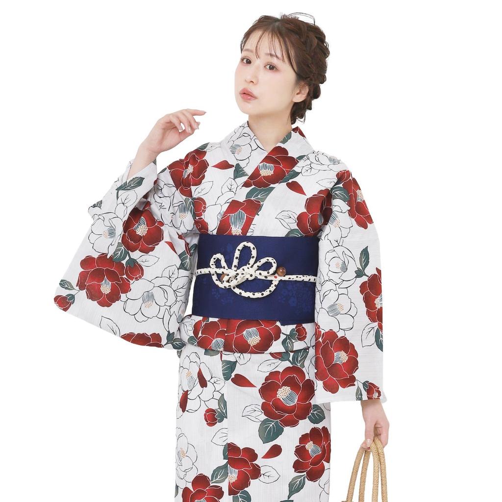 Fuuka Women’s Yukata 3-Piece Set with Pre-Tied Obi and Geta, Camellia, Crimson
