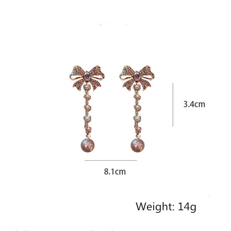 Bowknot Rhinestone Dangle Earrings for Women Long Tassel Pearl Earrings Weddings Party Zircon