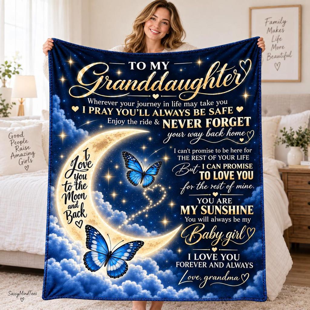 Personalized To My Granddaughter Blanket, Custom Butterfly Moon Throw, Grandma to Granddaughter Gift, Sentimental Fleece Keepsake