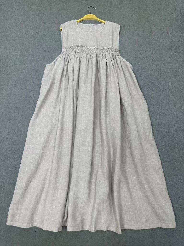 Johnature Lässiges ärmelloses Stilkleid für Damen Sommer Lässig Locker Einfach Elastische Taille Kleider