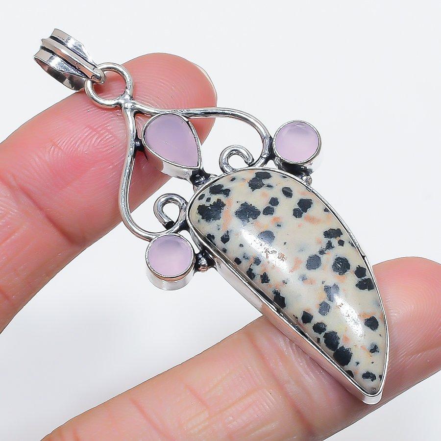 Natural Dalmation Jasper, Chalcedony 925 Sterling Silver Pendant 2.68" p2V13