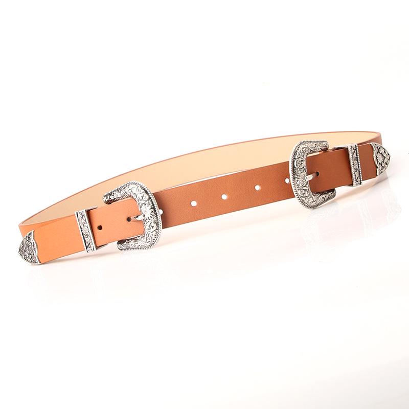 New Women's Belt, European and American Retro Carved Alloy Buckle Belt, Versatile Jeans and Clothing Double Buckle Belt