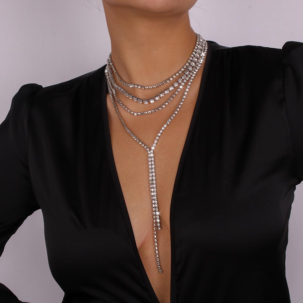 Exaggerated Niche Fashion Rhinestone Necklace Multi-layer Light Luxury Tassel Necklace Dinner Dance Back Accessories