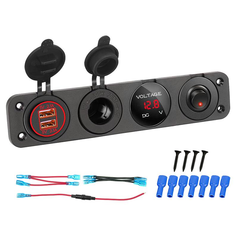 4 az 1-ben tengeri kapcsolópanel 12 V-os kettős USB töltőaljzat tápcsatlakozóval LED voltmérő aljzat BE/KI gomb kapcsoló