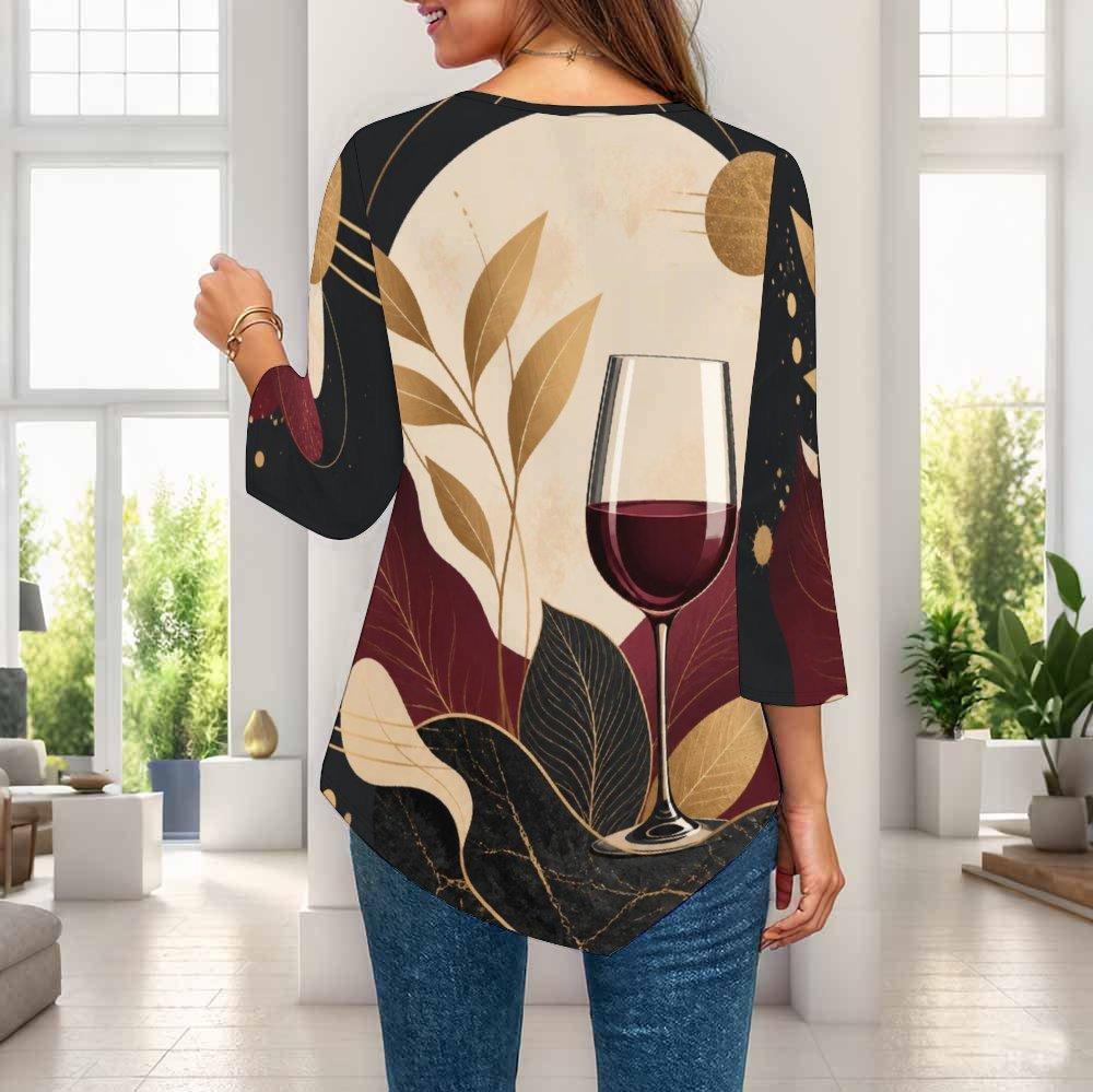 Ladies Plus Size Three Quarter Sleeve Shirt Pointed Hem Loose Breathable Casual For Office Daily Wear