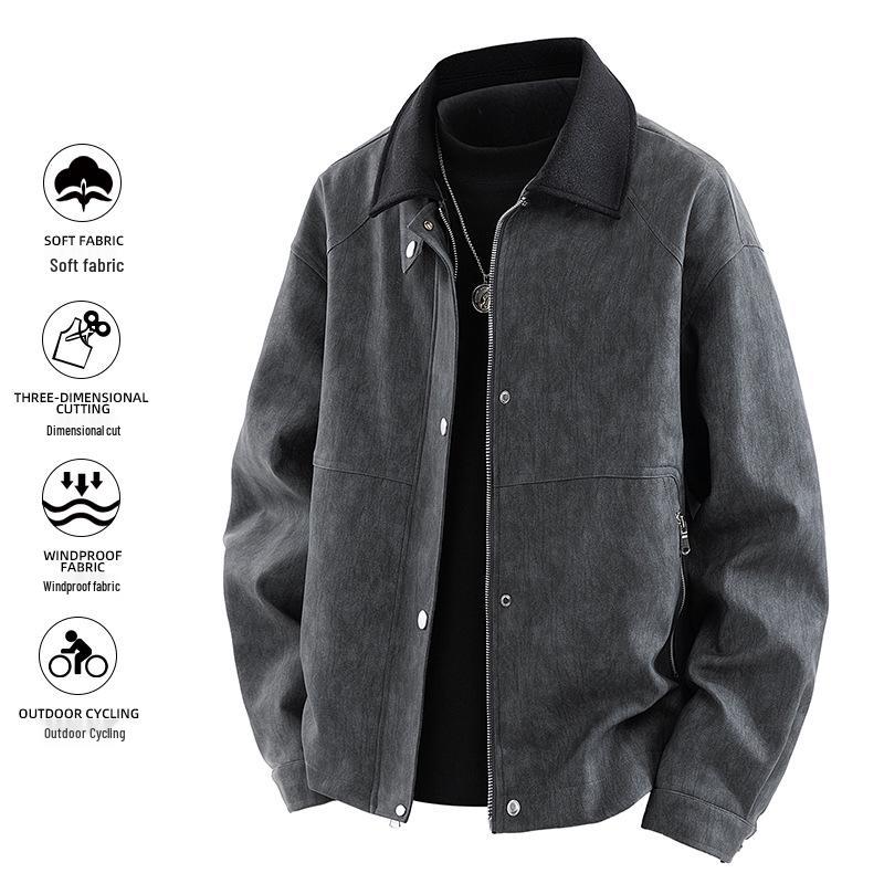 Di Yu Shen Long Men's Trendy Winter Loose Color Block Fleece-Lined Leather Jacket