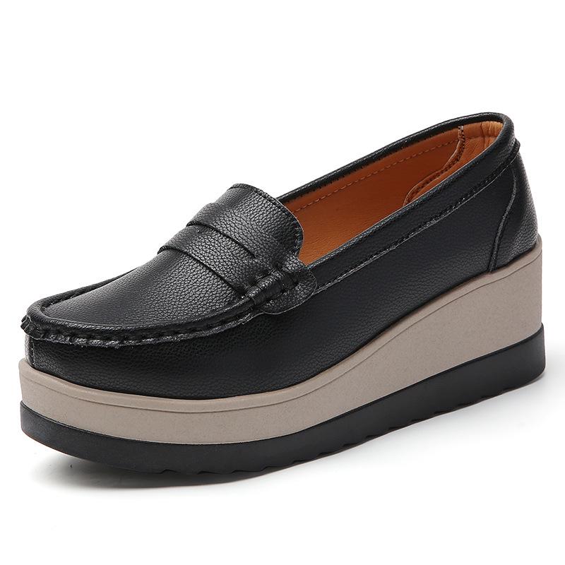 

Женские туфли-слипоны на платформе из натуральной кожи больших размеров - Толстая подошва, увеличивающие рост, модные весенне-осенние для работы. 39 чёрный