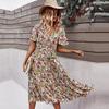 Floral Print Summer Casual Women Dress High Waist V Neck S-XL Spring