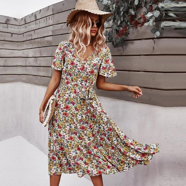 Floral Print Summer Casual Women Dress High Waist V Neck S-XL Spring