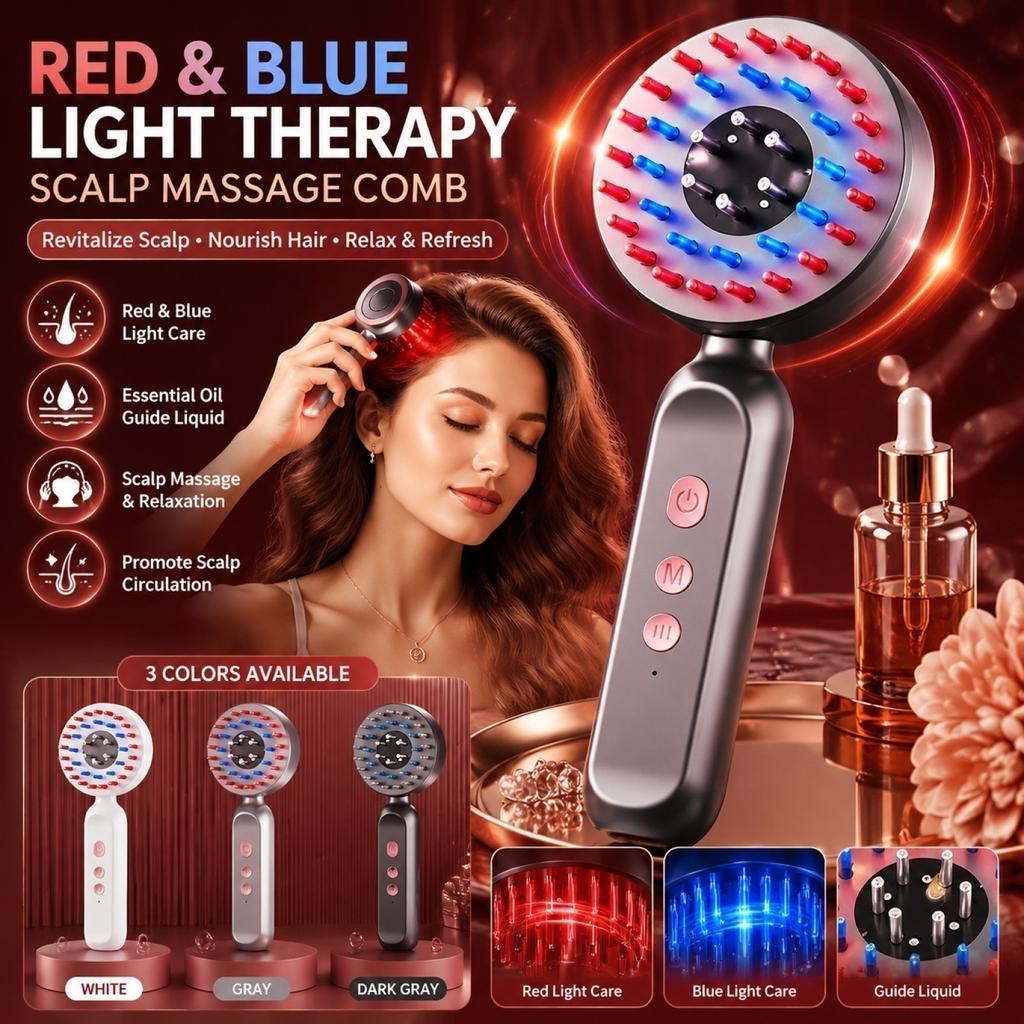 Scalp Massager Comb with LED Red Blue Light Massager for Relaxation