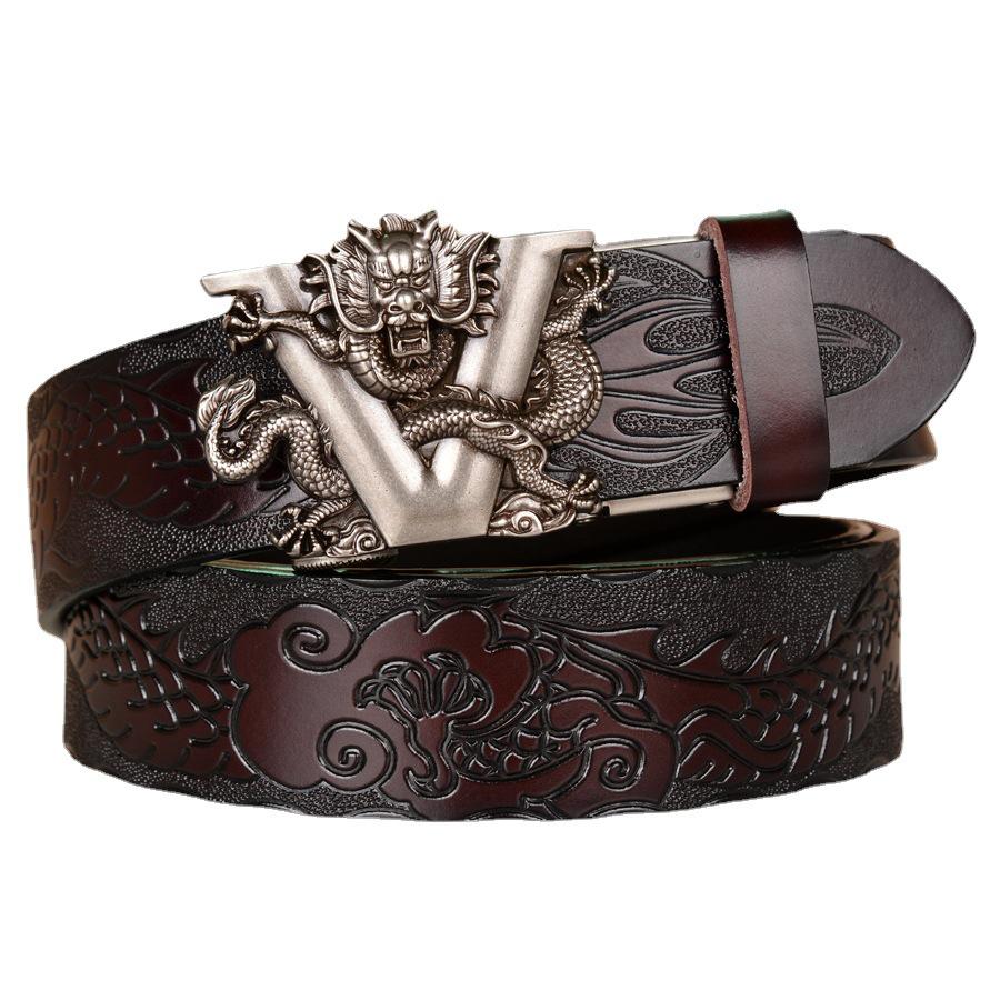 Dragon Embossed Automatic Buckle Men's Belt - Cowhide Casual Jean Accessory