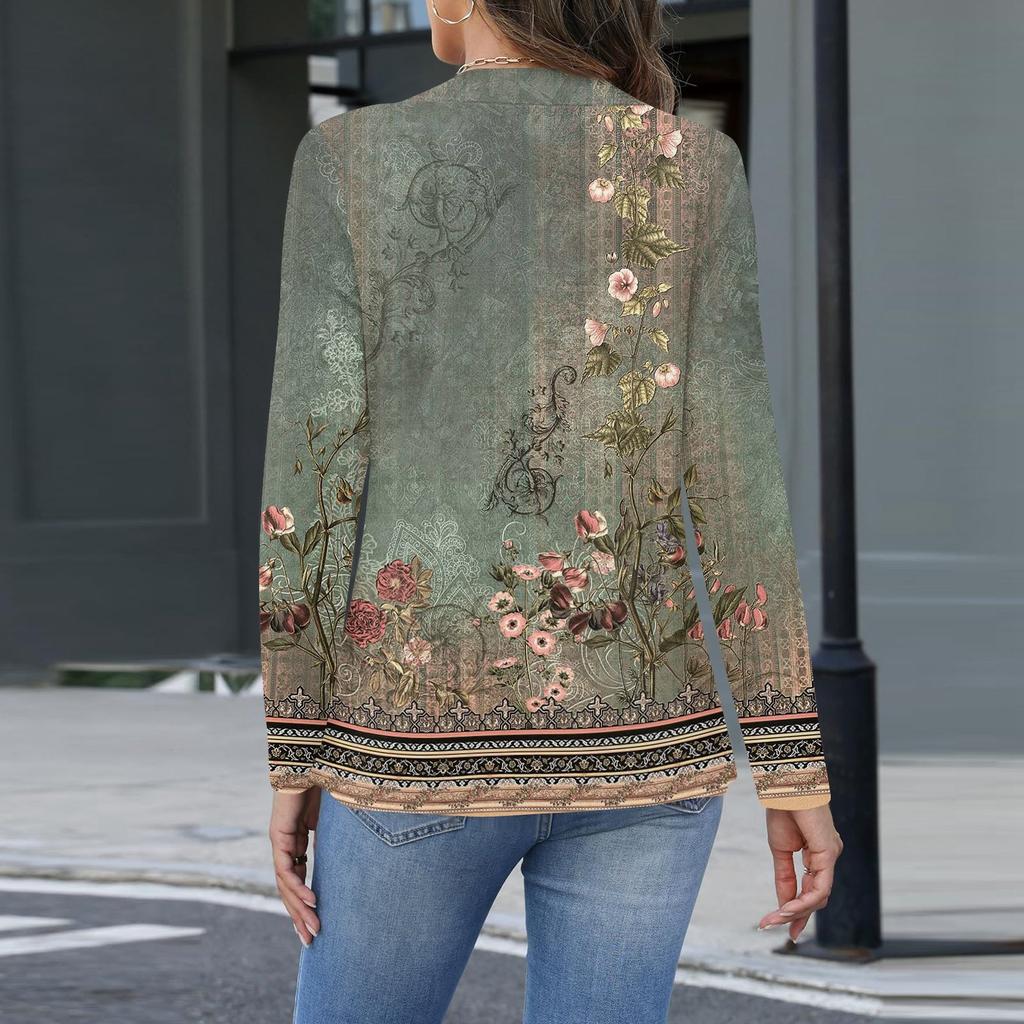 Women's Fashion Casual Print Button-down Shirt Long Sleeve Tops