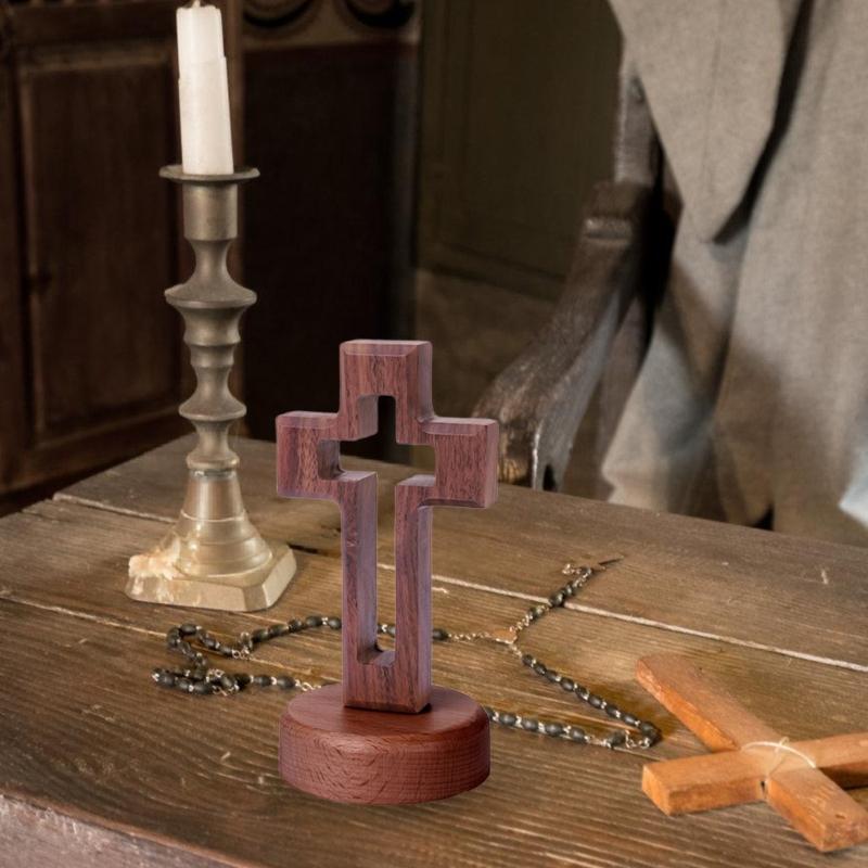 Church Altar Crucifix Statue Walnut Wood Hollow Standing Crosses Ornament with Magnetic Base for Easters Ceremony Decors
