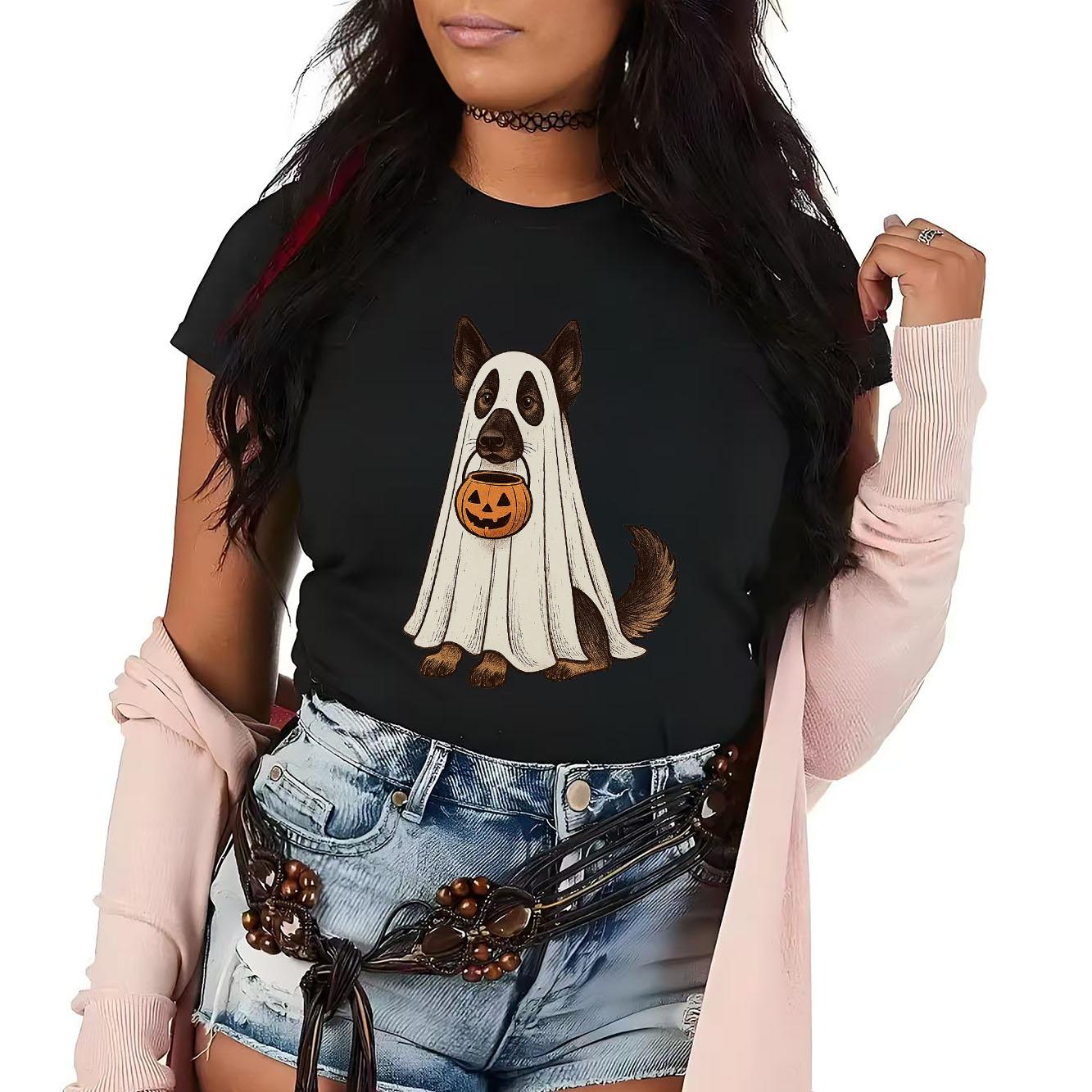 

Halloween dog print Tshirt casual short sleeved suitable for all seasons fashionable and versatile Womens Tshirt S