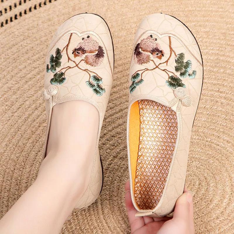 women fashion round toe beige high quality floral embroidery anti skid flat shoes lady cool comfort brown shoes ab491