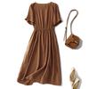 Short-sleeved round neck simple cotton and linen dress for women's 2025 summer new loose waist and thin dress