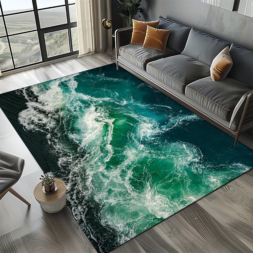 2025 New Style Blue Green Seawater Sea Wave Scenery Carpet Rug for Living Room Bedroom Home Sofa Decoration,Non-slip Floor Mat