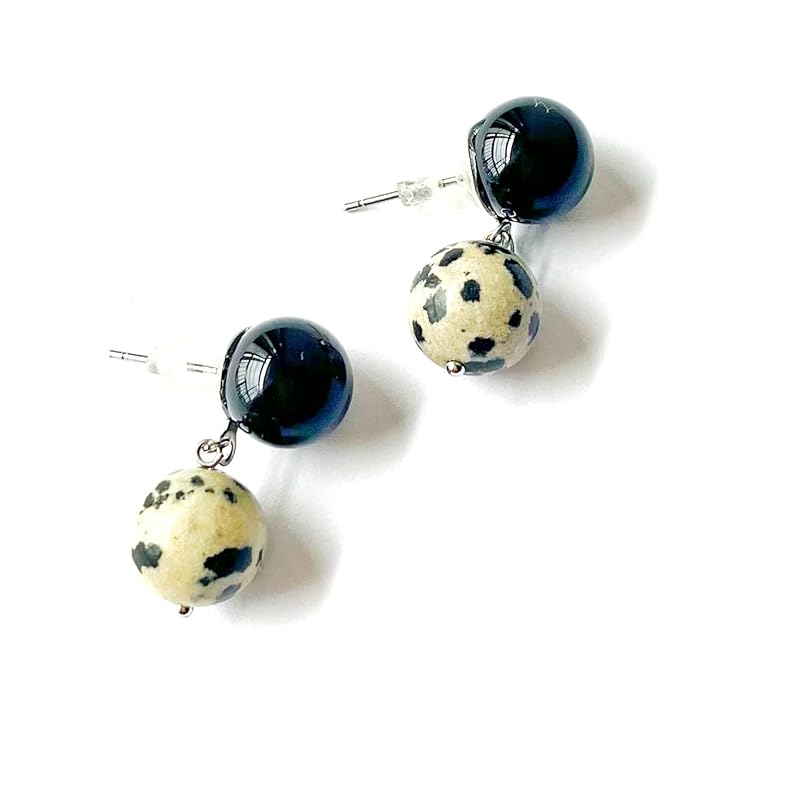 

[comimi] earrings Compatible with metal allergies woman ladies natural stone onyx dalmatian sway stone 30s 40s 50s monotone Swaying cute