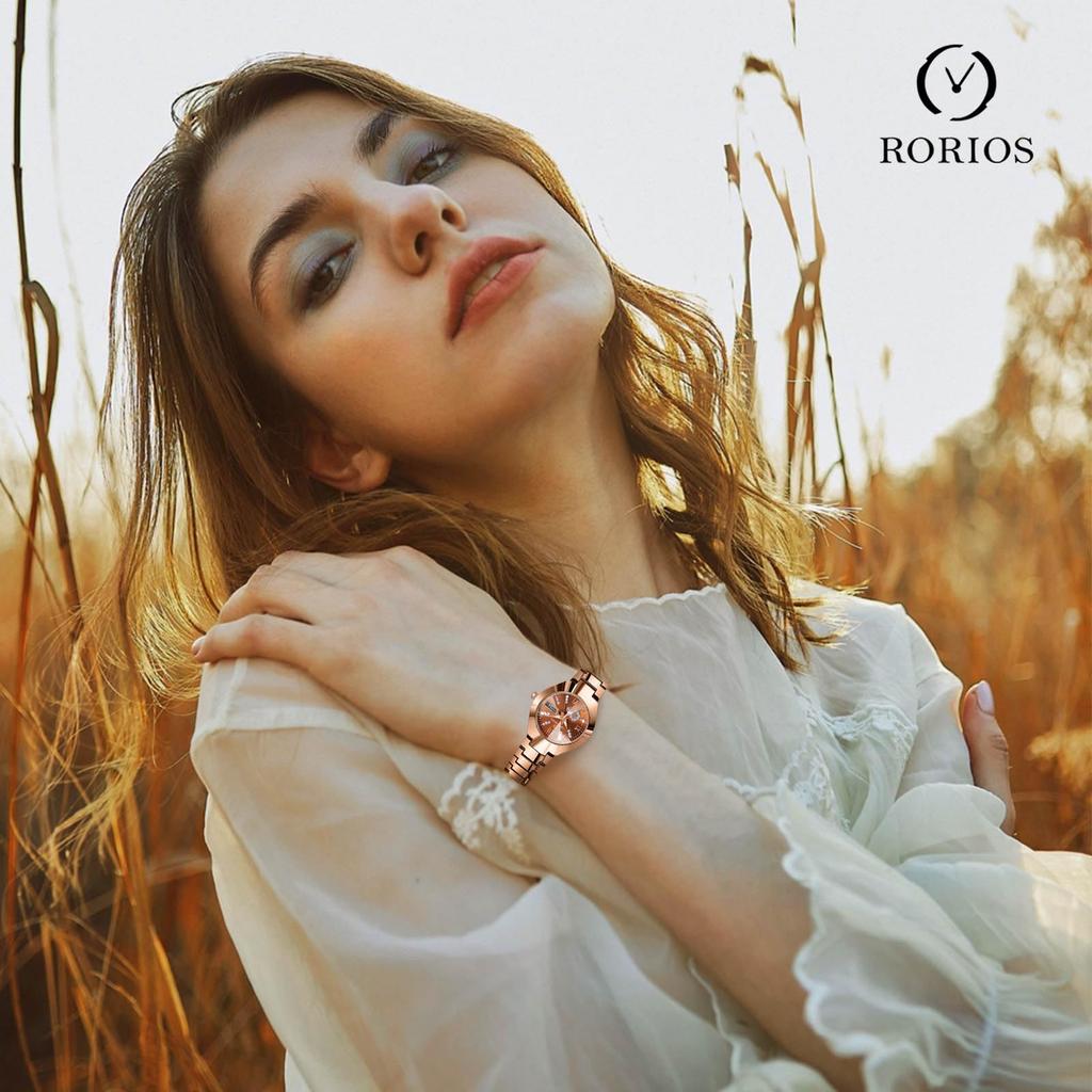 RORIOS Women's Sparkling Quartz Watch with Date and Day Display, Water Resistant, Diamond and Roman Numerals, Simple and Stylish, Perfect for