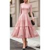 Elegant French Round Neck Solid Color Long Sleeve Mesh Panel Fit-and-Flare Dress Women