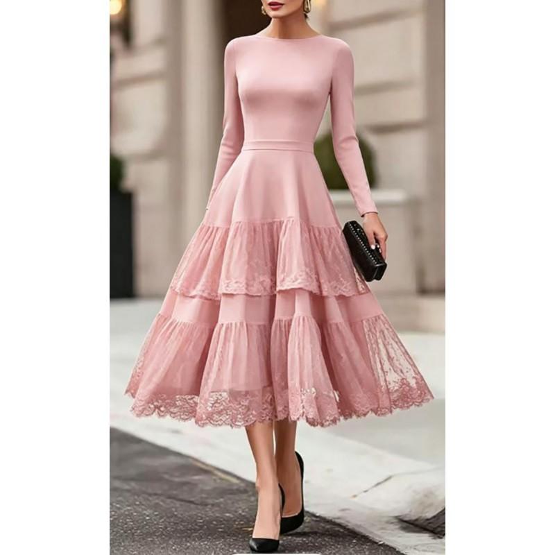 Elegant French Round Neck Solid Color Long Sleeve Mesh Panel Fit-and-Flare Dress Women