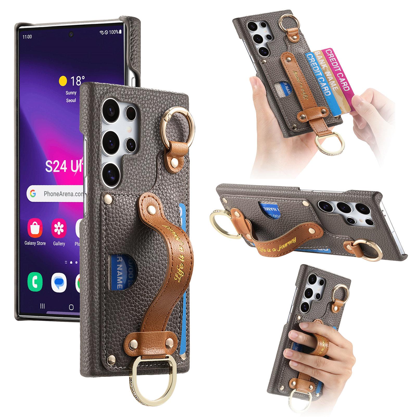 

For Samsung Galaxy S24 Ultra Case Wristband Leather Back Cover with Card Holder Dark Grey