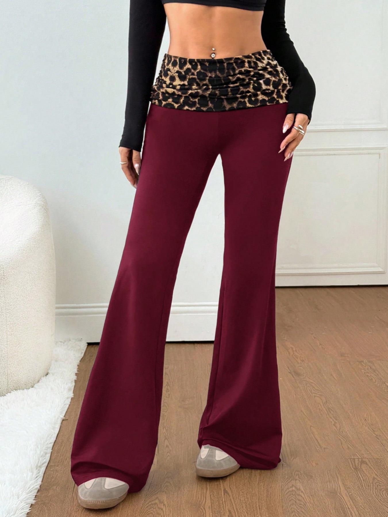 

European American Leopard Print Mid-Waist Flared Pants - Comfortable, Fashionable, Slimming Spring/Summer Casual Wear XL вино красного