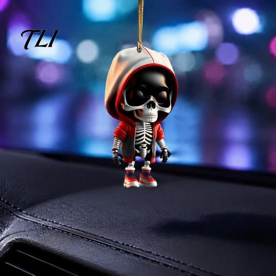 Trendy Hoodie Skeleton Ornament 2Pcs Ornaments, 2D Flat Acrylic Pendants, Gothic Lightweight Car Decor Style Hanging Ornaments for
