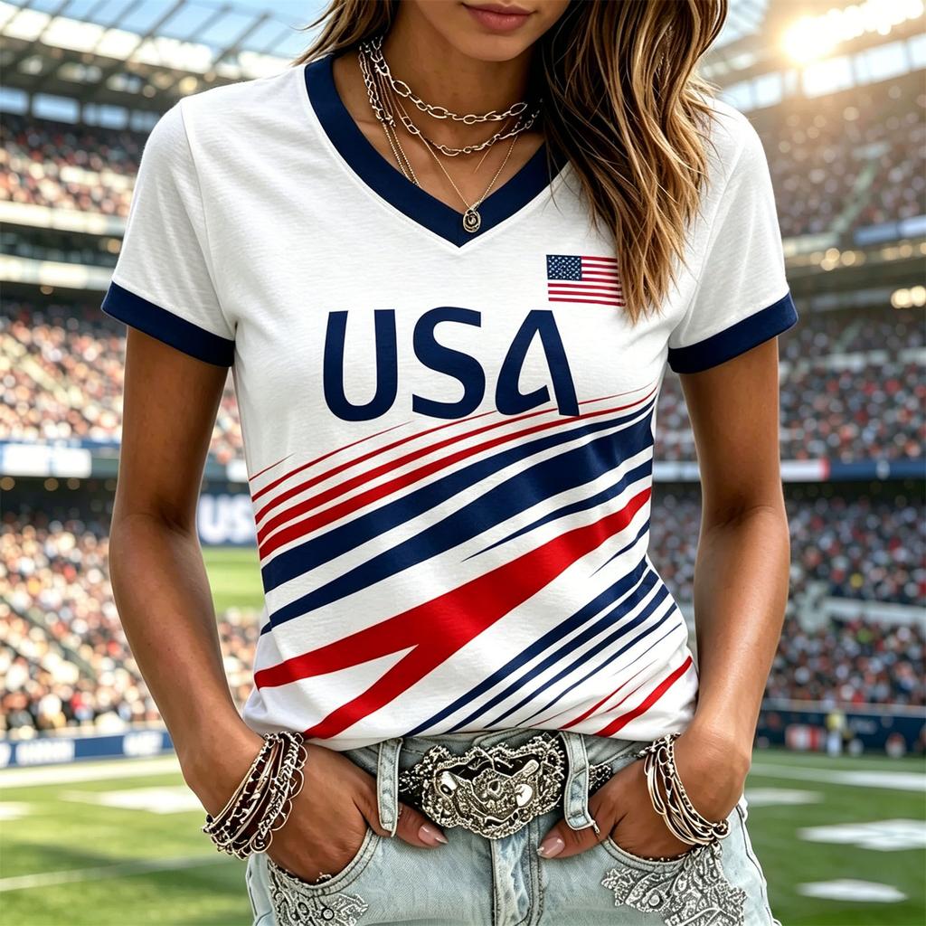 Women's Casual Short Sleeve V Neck Pullover Top Soccer Print Graphic Tee Lightweight Comfortable Fit