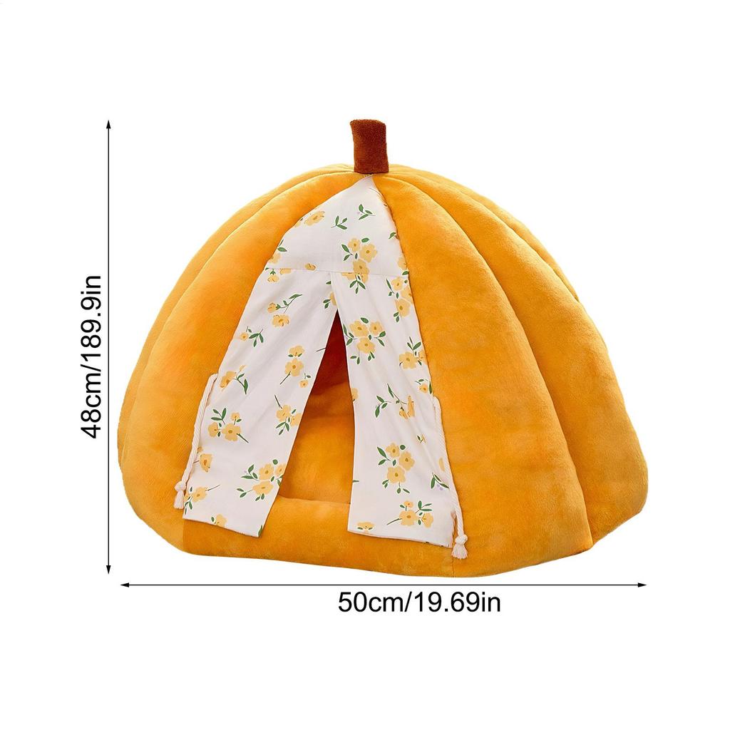 Cat Cave Plush Washable With Removable Pad Pumpkin Enclosed Cat Bed With Door Drape For Calming Sleeping Winter Kitten Small Dog