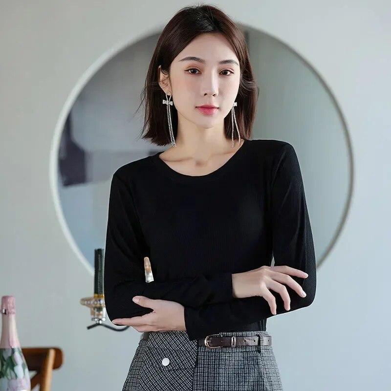 Herbst Y2K T-Shirt Mode Winter Lange-sleeve Bodenbildung Shirt Casual Frauen Oansatz Lose Kleidung Schwarz T-shirt Blusas 29769