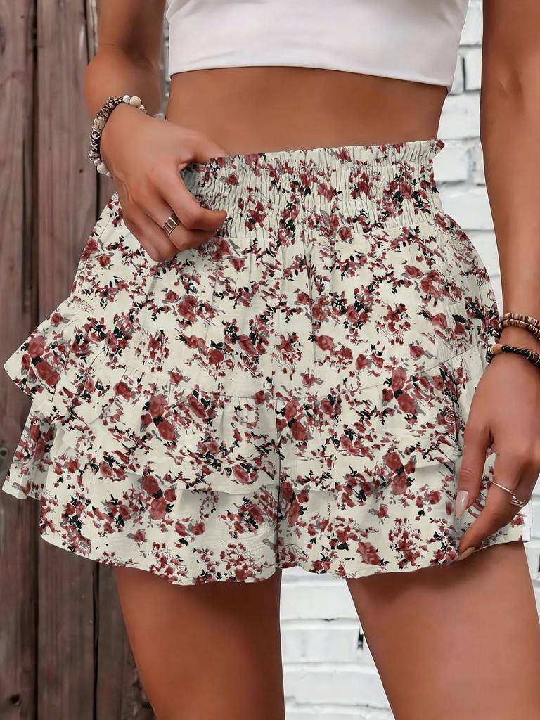Women High Waist Smocked Ruffle Skort Layered Tiered Casual Summer Wide Leg Shorts Skirt