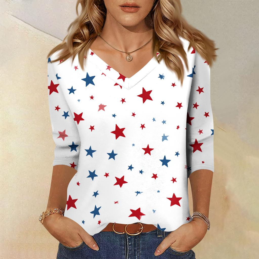 Women's Fashionable Casual Independence Day American Flag and Stars Print V-Neck Three-Quarter Sleeve T-Shirt Top