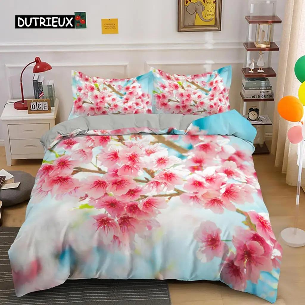 Erik Çiçeği Nevresim Takımı King Pembe Çiçekli Kız Çocuklar İçin Mikrofiber Dallı Baskılı Yatak Örtüsü Takımı