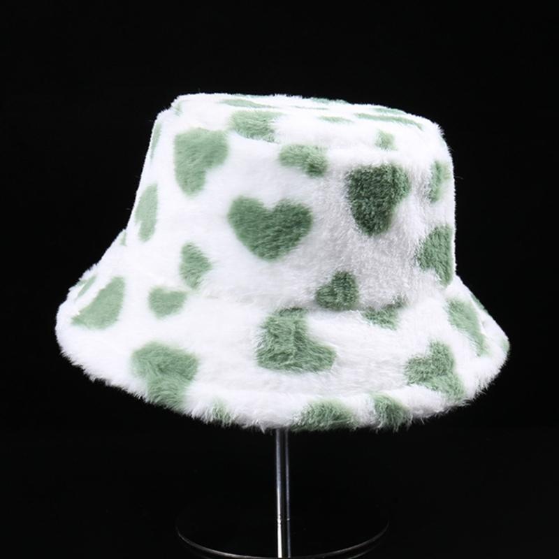 Warm Plush Bucket Caps with Heart Pattern Fashion Winter Autumn Casual Wear Fisherman Hat for Women Girl Outdoor Activity