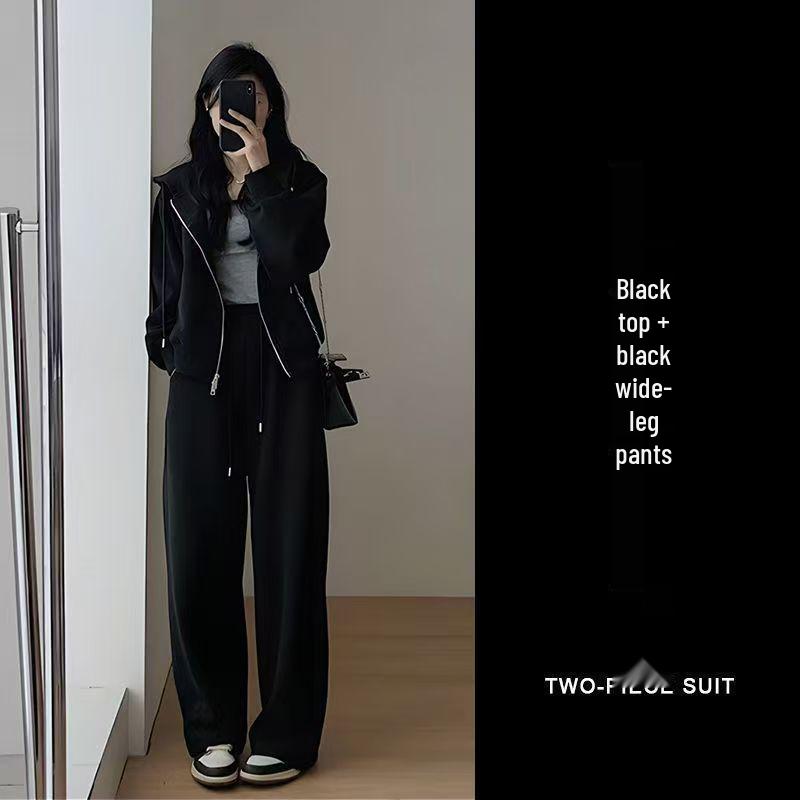 Women's Hong Kong Style Autumn-Winter Casual Sweatshirt & Wide-Leg Pants Set - Age-Reducing, Slimming, Hooded Two-Piece for Running
