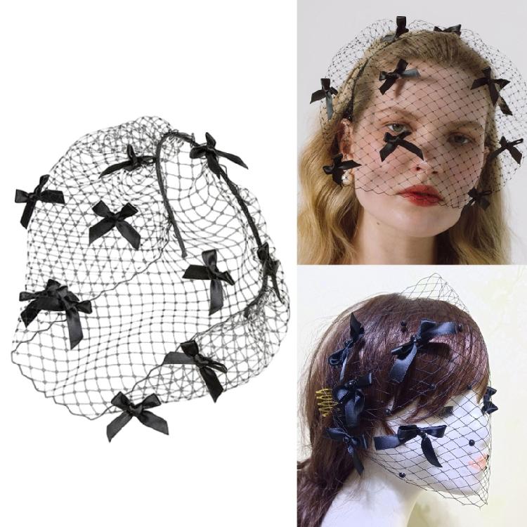 Black Birdcage Veil Fascinator Hairband With Bows Detail Wedding Hair Accessory Retro Theme