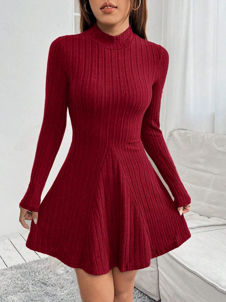 European & American Spring/Summer Slim Fit A-Line Ribbed Dress with Half High Neck & Long Sleeves