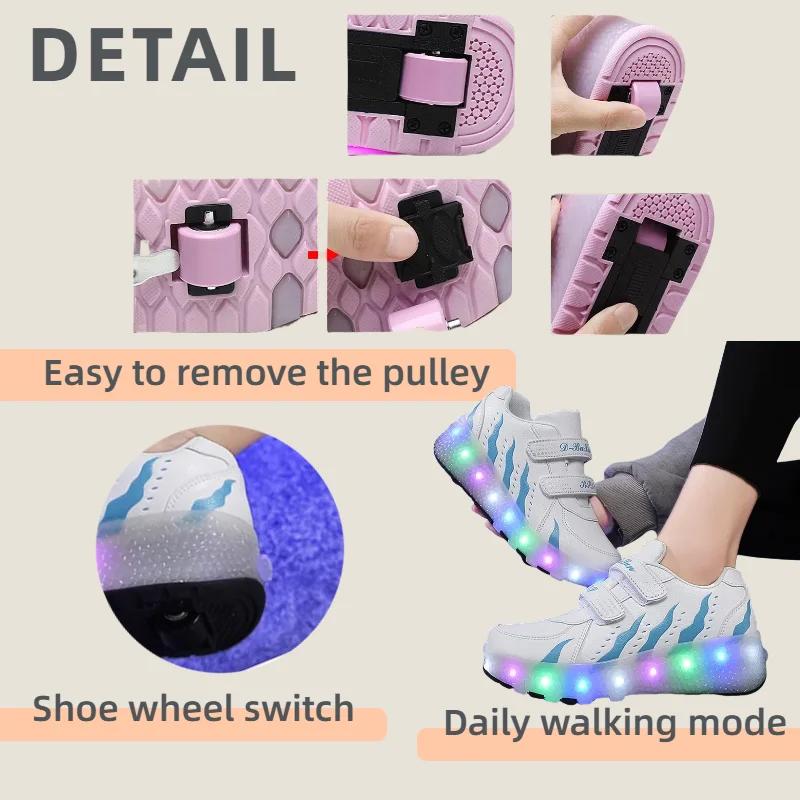 Shoes with Wheels for Kids Beginners - Adjustable Velcro Strap 2-Wheel Roller Skates with USB Rechargeable LED Lights