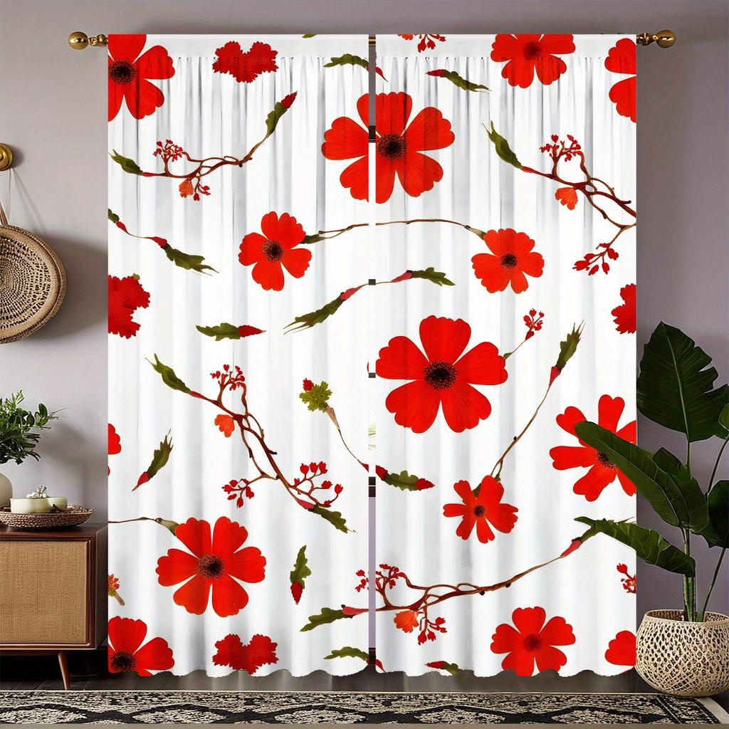 2pc Gorgeous Style Red Floral Print Curtains   Polyester Fabric   Machine Washable   Suitable for Bedroom Living Room Decoration