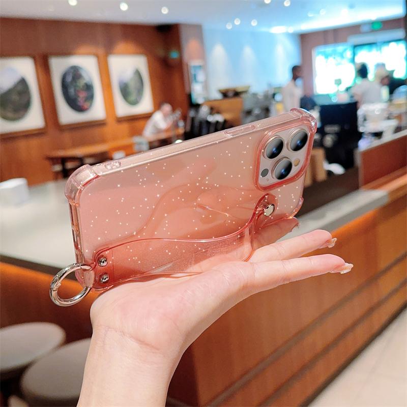 Luxury Glitter Transparent Wrist Strap Case For iPhone 11 12 13 14 15 16 Pro Max XR X XS 7 8 Plus Silicone Soft Shockproof Cover