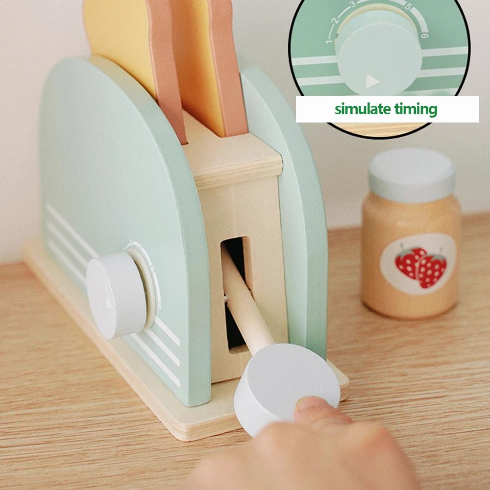 Wooden Toaster Toy Kids Bread Machine Kit Pretend Play Kitchen Toys Set Breakfast Educational Toys Gifts for Girls Boys